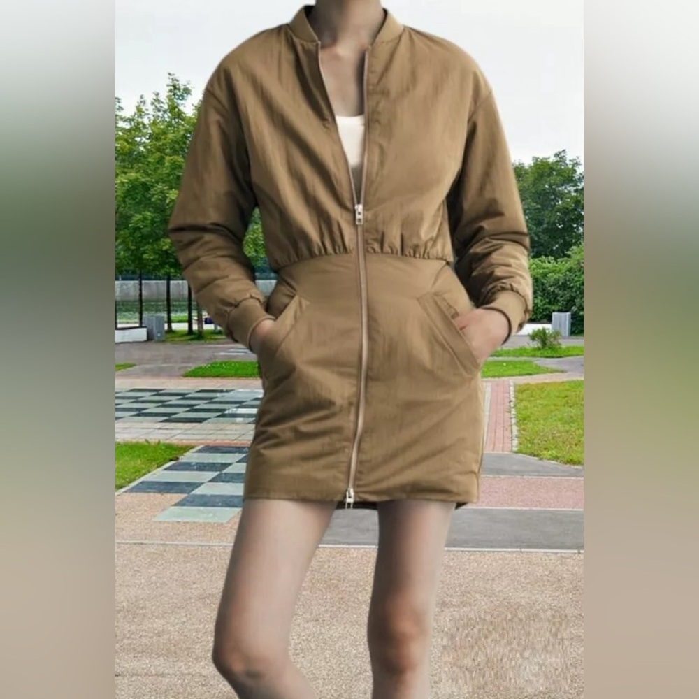 ZARA Women’s Small Puffer Padded Mini Bomber Dress Olive Green Full Zip Boho Y2K